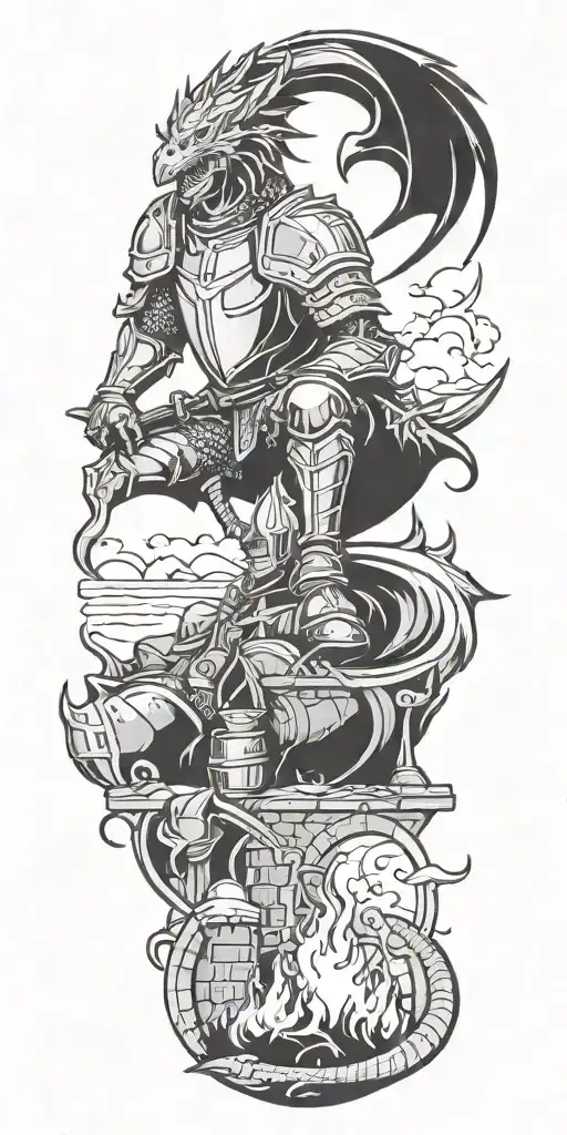 Medieval knight sitting by camp fire by the ocean and  dragon and castle in background  tattoo design idea