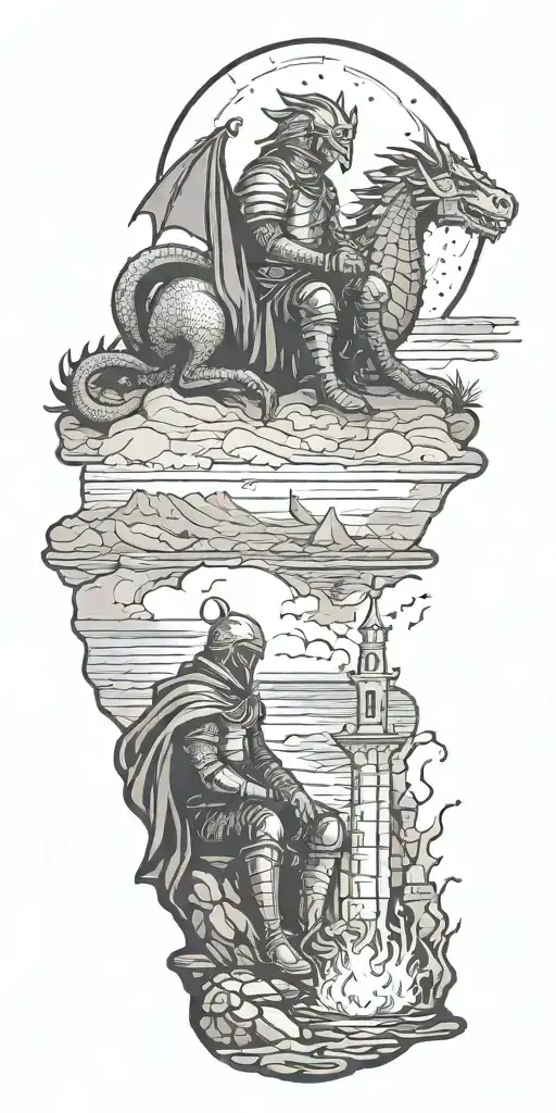 Medieval knight sitting by camp fire by the ocean with dragon and castle in the back with sun in sky tattoo design idea