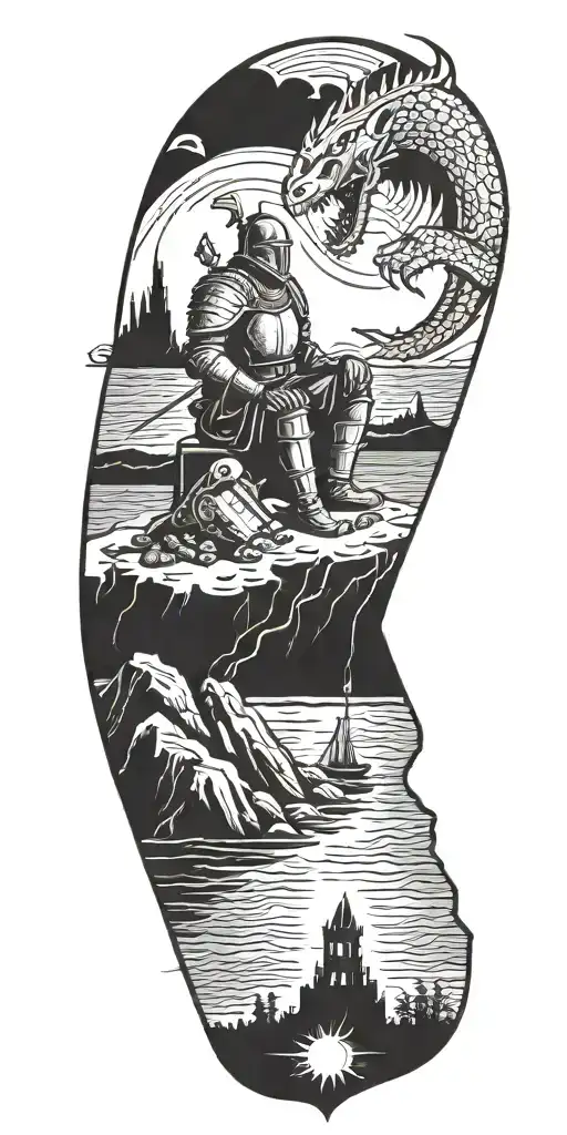 Medieval knight sitting by camp fire by the ocean with dragon and castle in the back with sun in sky tattoo design idea