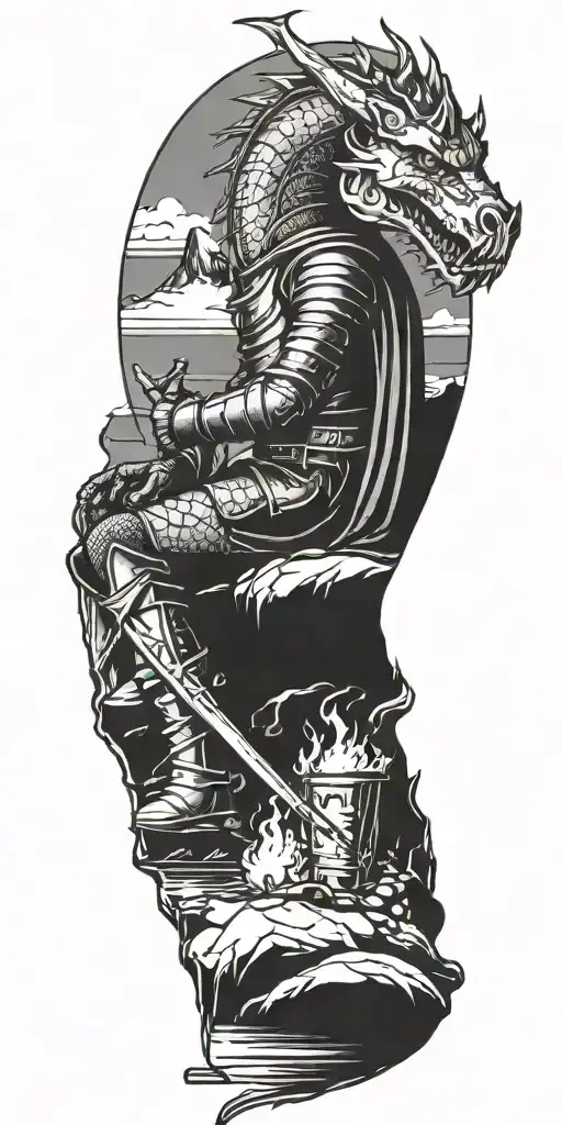 Medieval knight sitting by camp fire by the ocean with dragon and castle in the back  tattoo design idea