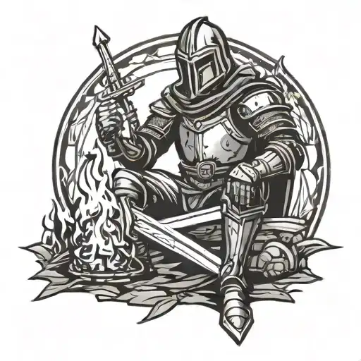 medieval knight sitting by camp fire with sword  tattoo design idea