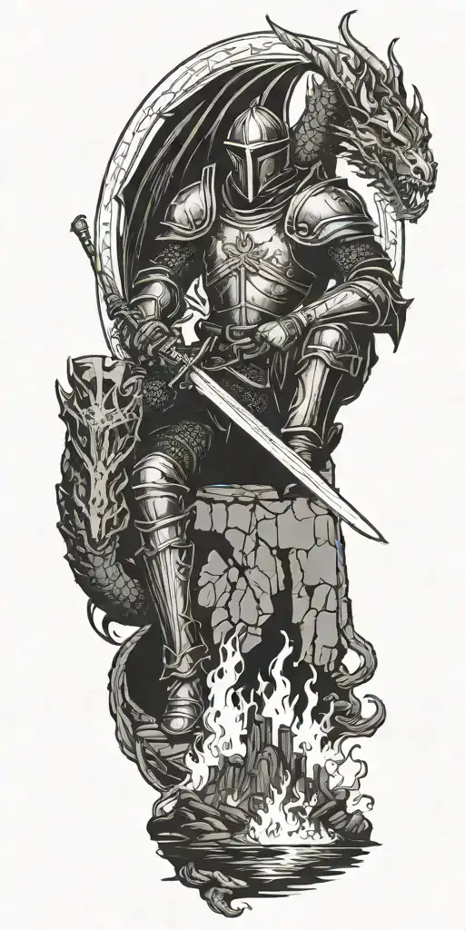 Medieval knight sitting by camp fire by the ocean with dragon and castle in the back  tattoo design idea
