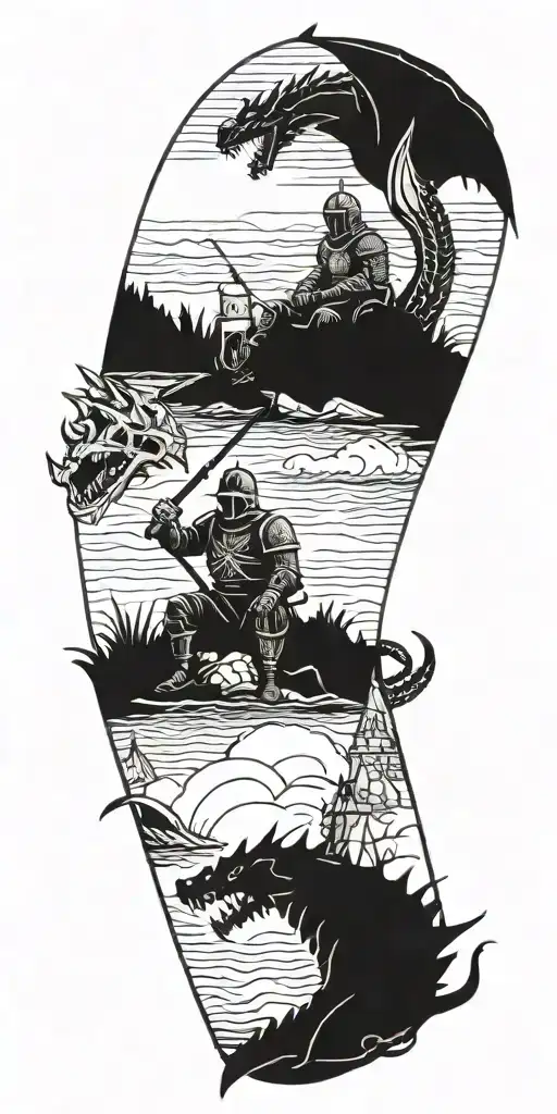 Medieval knight sitting by camp fire by the ocean with dragon and castle in the back  tattoo design idea