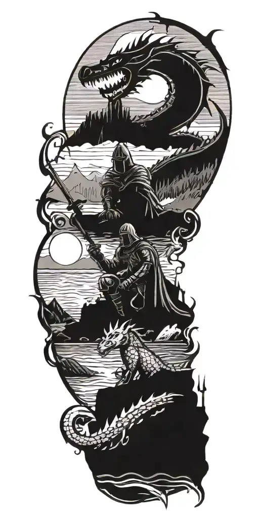 Medieval knight sitting by camp fire by the ocean with dragon and castle in the back with sun in sky tattoo design idea