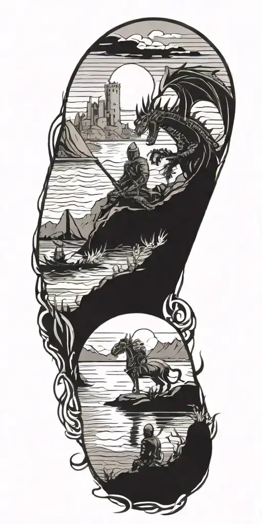 Medieval knight sitting by camp fire by the ocean with dragon and castle in the back with sun in sky tattoo design idea