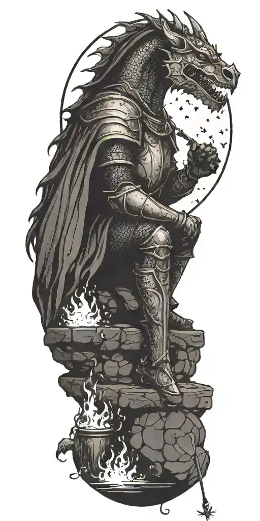 Medieval knight sitting by camp fire by the ocean with dragon and castle in the back with sun in sky tattoo design idea