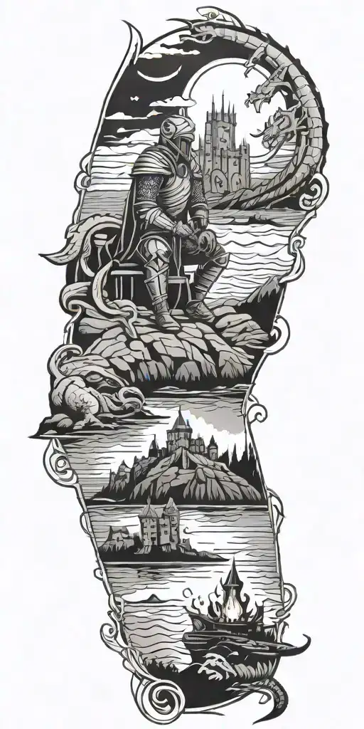 Medieval knight sitting by camp fire by the ocean with dragon and castle in the back with sun in sky tattoo design idea