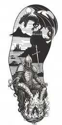 Medieval knight sitting by camp fire by the ocean with dragon and castle in the back  tattoo design idea