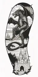 Medieval knight sitting by camp fire by the ocean with dragon and castle in the back  tattoo design idea