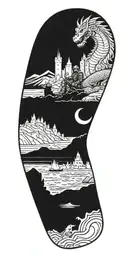 Medieval knight sitting by camp fire by the ocean with dragon and castle in the back with sun in sky tattoo design idea