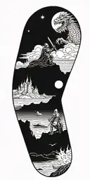 Medieval knight sitting by camp fire by the ocean with dragon and castle in the back with sun in sky tattoo design idea