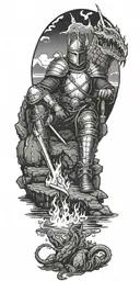 Medieval knight sitting by camp fire by the ocean with dragon and castle in the back  tattoo design idea