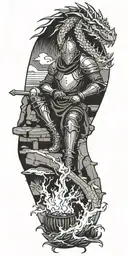 Medieval knight sitting by camp fire by the ocean with dragon and castle in the back  tattoo design idea
