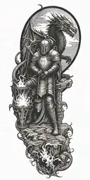 Medieval knight sitting by camp fire by the ocean with dragon and castle in the back with sun in sky tattoo design idea