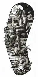 Medieval knight sitting by camp fire by the ocean with dragon and castle in background  tattoo design idea