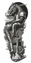 Medieval knight sitting by camp fire by the ocean with dragon and castle in background  tattoo design idea