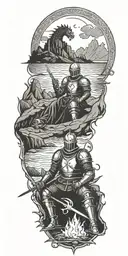 Medieval knight sitting by camp fire by the ocean with dragon and castle in the back with sun in sky tattoo design idea