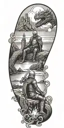 Medieval knight sitting by camp fire by the ocean with dragon and castle in the back with sun in sky tattoo design idea