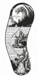 Medieval knight sitting by camp fire by the ocean with dragon and castle in the back with sun in sky tattoo design idea