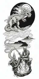 Medieval knight sitting by camp fire by the ocean with dragon and castle in the back with sun in sky tattoo design idea