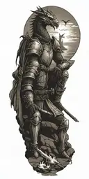 Medieval knight sitting by camp fire by the ocean with dragon and castle in the back with sun in sky tattoo design idea