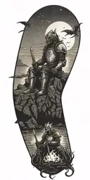 Medieval knight sitting by camp fire by the ocean with dragon and castle in the back with sun in sky tattoo design idea