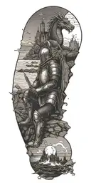Medieval knight sitting by camp fire by the ocean with dragon and castle in the back with sun in sky tattoo design idea
