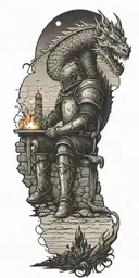 Medieval knight sitting by camp fire by the ocean with dragon and castle in the back with sun in sky tattoo design idea