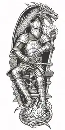 Medieval knight sitting by camp fire by the ocean with dragon and castle in the back with sun in sky tattoo design idea