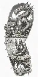 Medieval knight sitting by camp fire by the ocean with dragon and castle in the back with sun in sky tattoo design idea