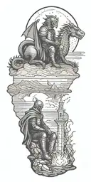 Medieval knight sitting by camp fire by the ocean with dragon and castle in the back with sun in sky tattoo design idea