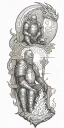 Medieval knight sitting by camp fire by the ocean with dragon and castle in the back with sun in sky tattoo design idea