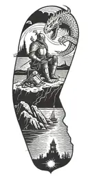 Medieval knight sitting by camp fire by the ocean with dragon and castle in the back with sun in sky tattoo design idea