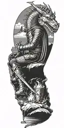 Medieval knight sitting by camp fire by the ocean with dragon and castle in the back  tattoo design idea