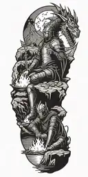 Medieval knight sitting by camp fire by the ocean with dragon and castle in the back  tattoo design idea