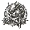 medieval knight sitting by camp fire with sword  tattoo design idea