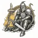 medieval knight sitting by camp fire with sword  tattoo design idea