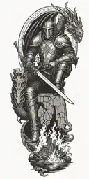 Medieval knight sitting by camp fire by the ocean with dragon and castle in the back  tattoo design idea