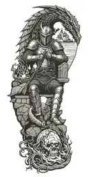 Medieval knight sitting by camp fire by the ocean with dragon and castle in the back  tattoo design idea