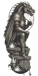 Medieval knight sitting by camp fire by the ocean with dragon and castle in the back with sun in sky tattoo design idea