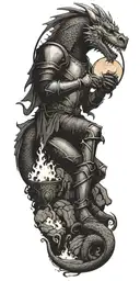 Medieval knight sitting by camp fire by the ocean with dragon and castle in the back with sun in sky tattoo design idea