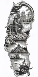 Medieval knight sitting by camp fire by the ocean with dragon and castle in the back with sun in sky tattoo design idea