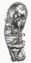 Medieval knight sitting by camp fire by the ocean with dragon and castle in the back with sun in sky tattoo design idea