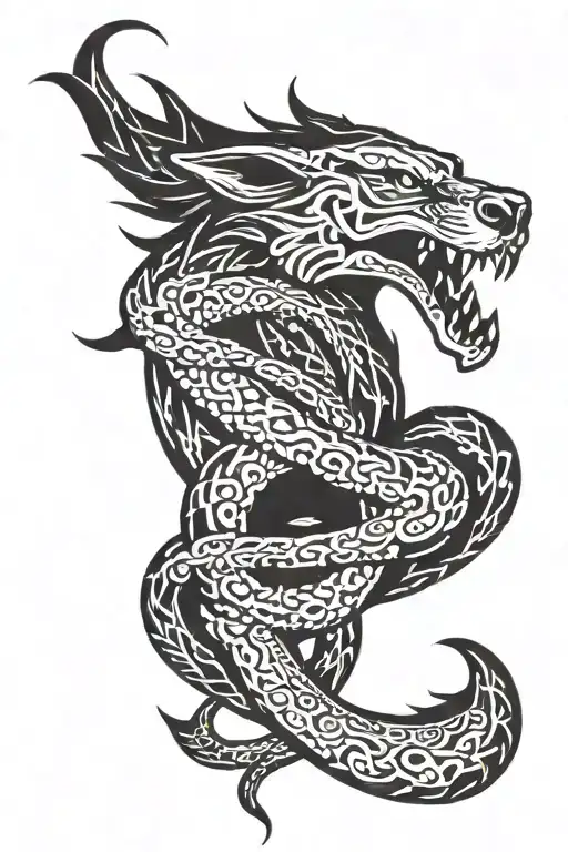 snake wrapped around arm with a wolf head  tattoo design idea