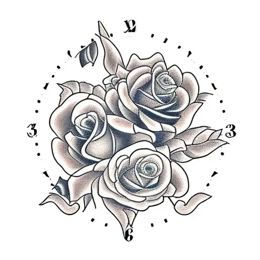 clock with roses tattoo design idea