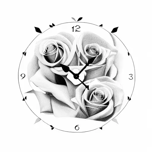 clock with roses tattoo design idea