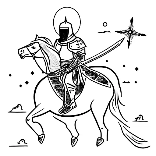 A silhouette of a knight templar riding a horse in a desert landscape tattoo design idea