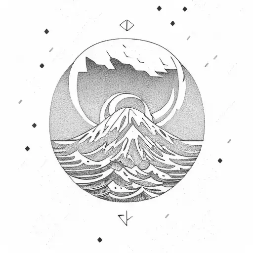 volcano mountain sun moon sea ocean wave positive tattoo design idea