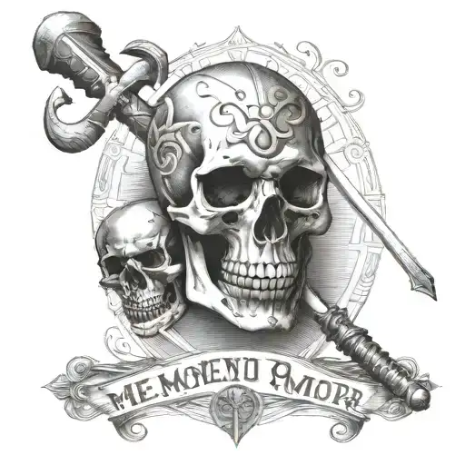 memento mori script with gladiator weapons incorporated tattoo design idea