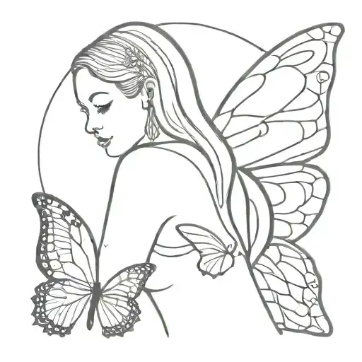 Keep the tattoo design featuring a five-inch tall woman and a butterfly minimal. half a butterfly's wing, half a woman tattoo design idea